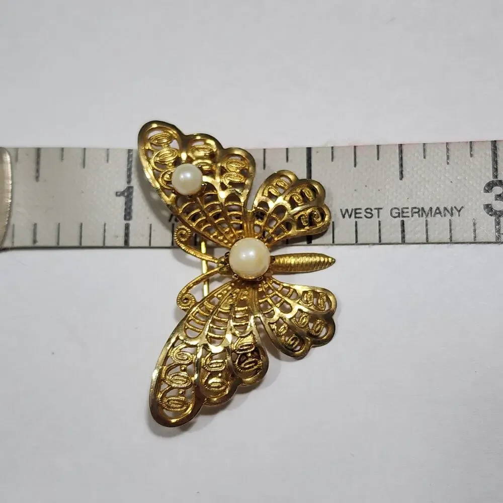 Butterfly Brooch Pin Faux Pearls Openwork Filigree Wings Gold Tone Vintage 1990s